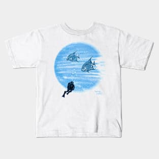 Scuba diver and shoal silver fish Kids T-Shirt